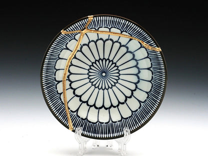 Small Blue and White Kintsugi Plate with Pattern