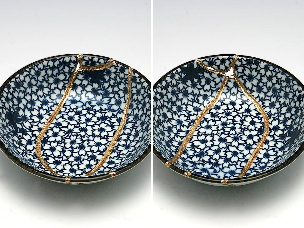 Small Blue and White Kintsugi Plate with Small Flowers