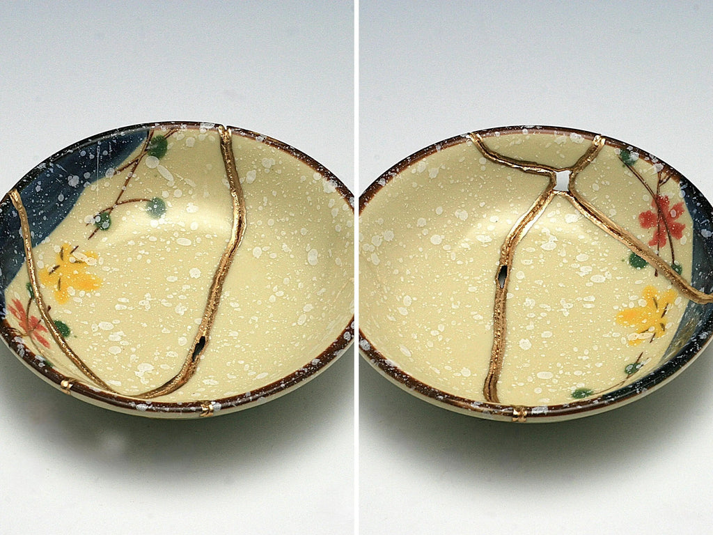 Small Beige Kintsugi Plate with Red and Yellow Flowers