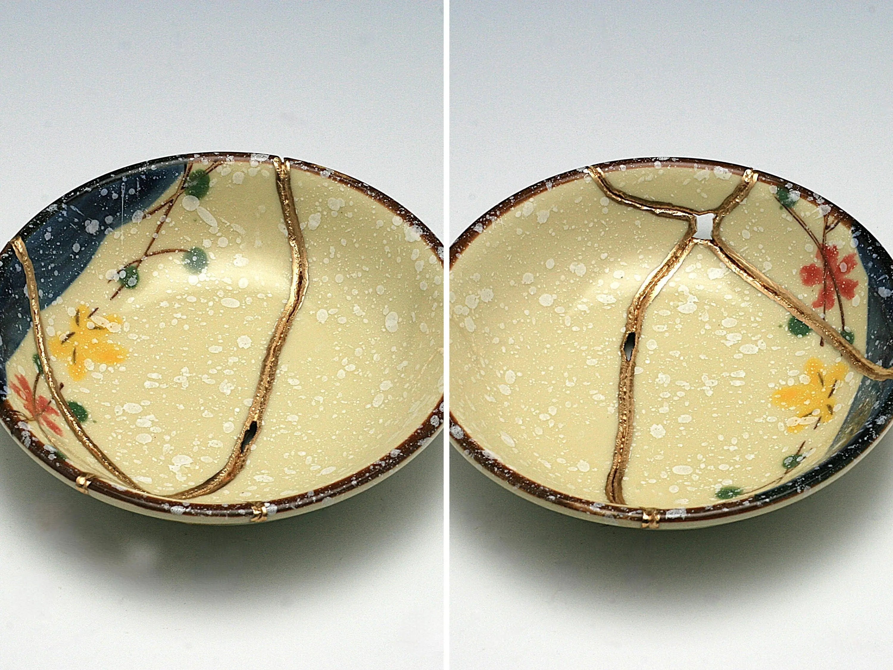 Small Beige Kintsugi Plate with Red and Yellow Flowers