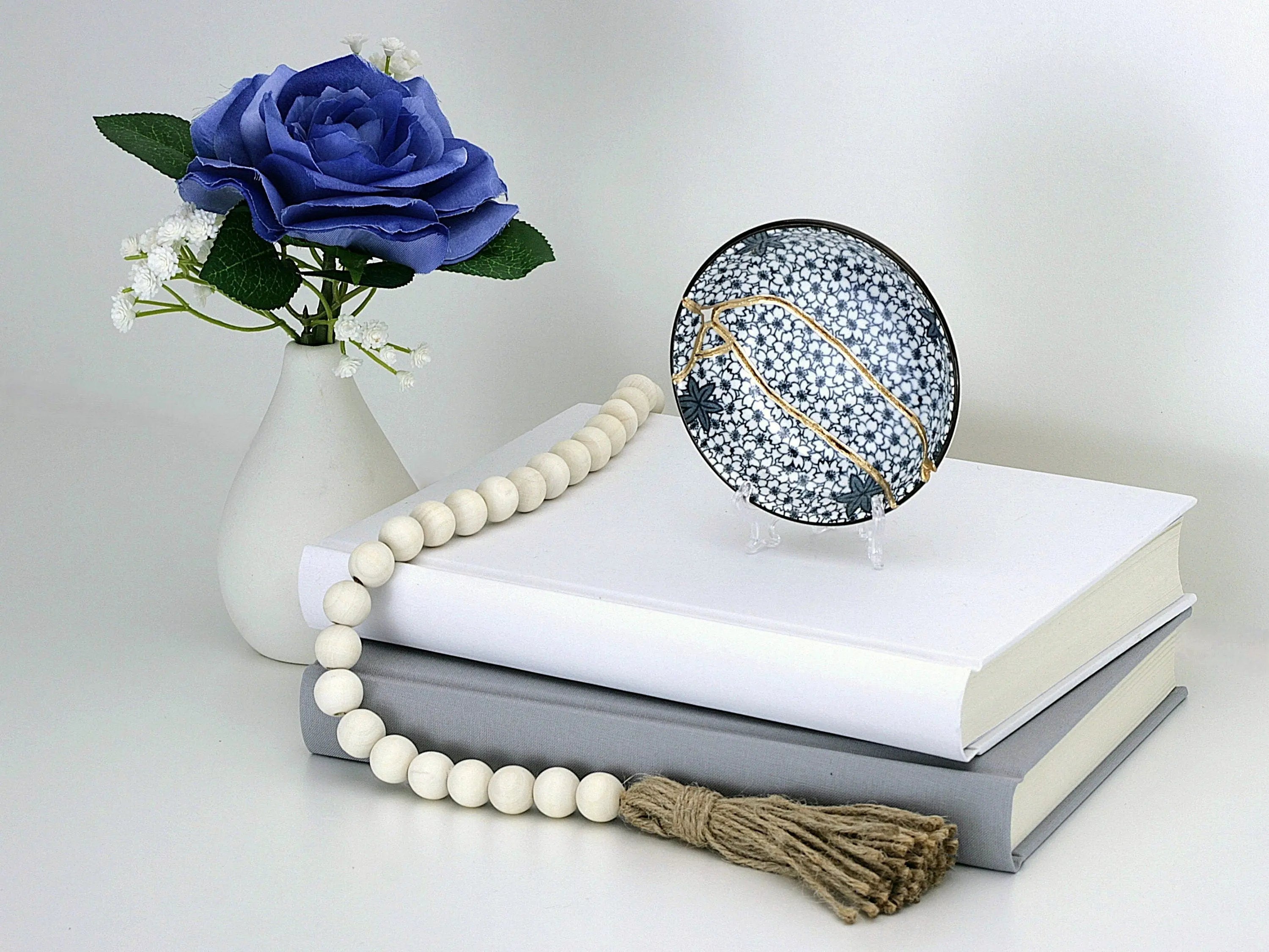Small Blue and White Kintsugi Plate With Small Flowers