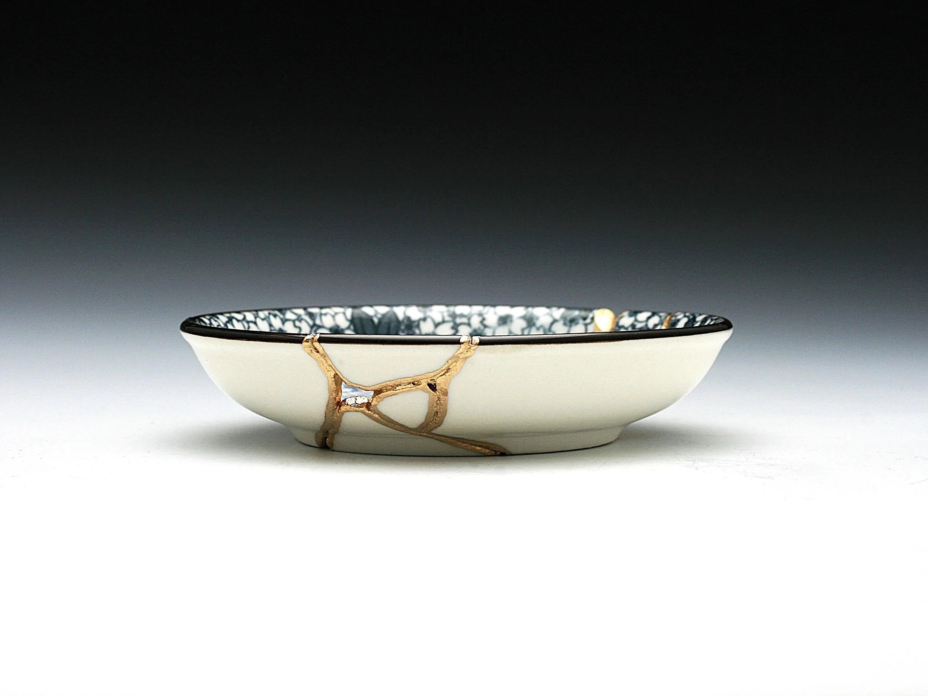 Small Blue and White Kintsugi Plate With Small Flowers