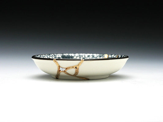 Small Blue and White Kintsugi Plate With Small Flowers
