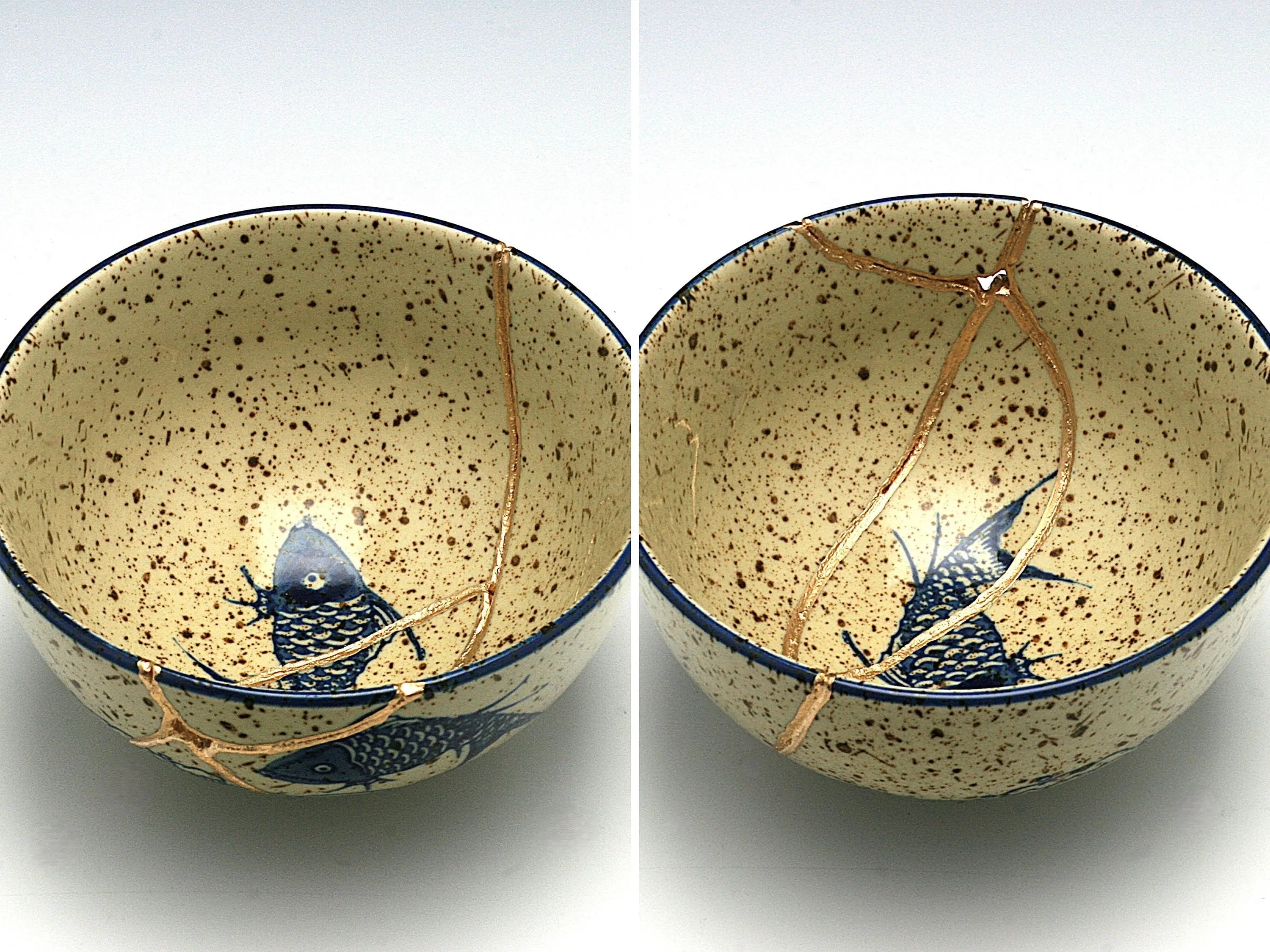 Medium Beige Kintsugi Bowl with Fish Image