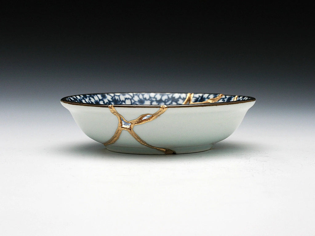 Small Blue and White Kintsugi Plate with Small Flowers