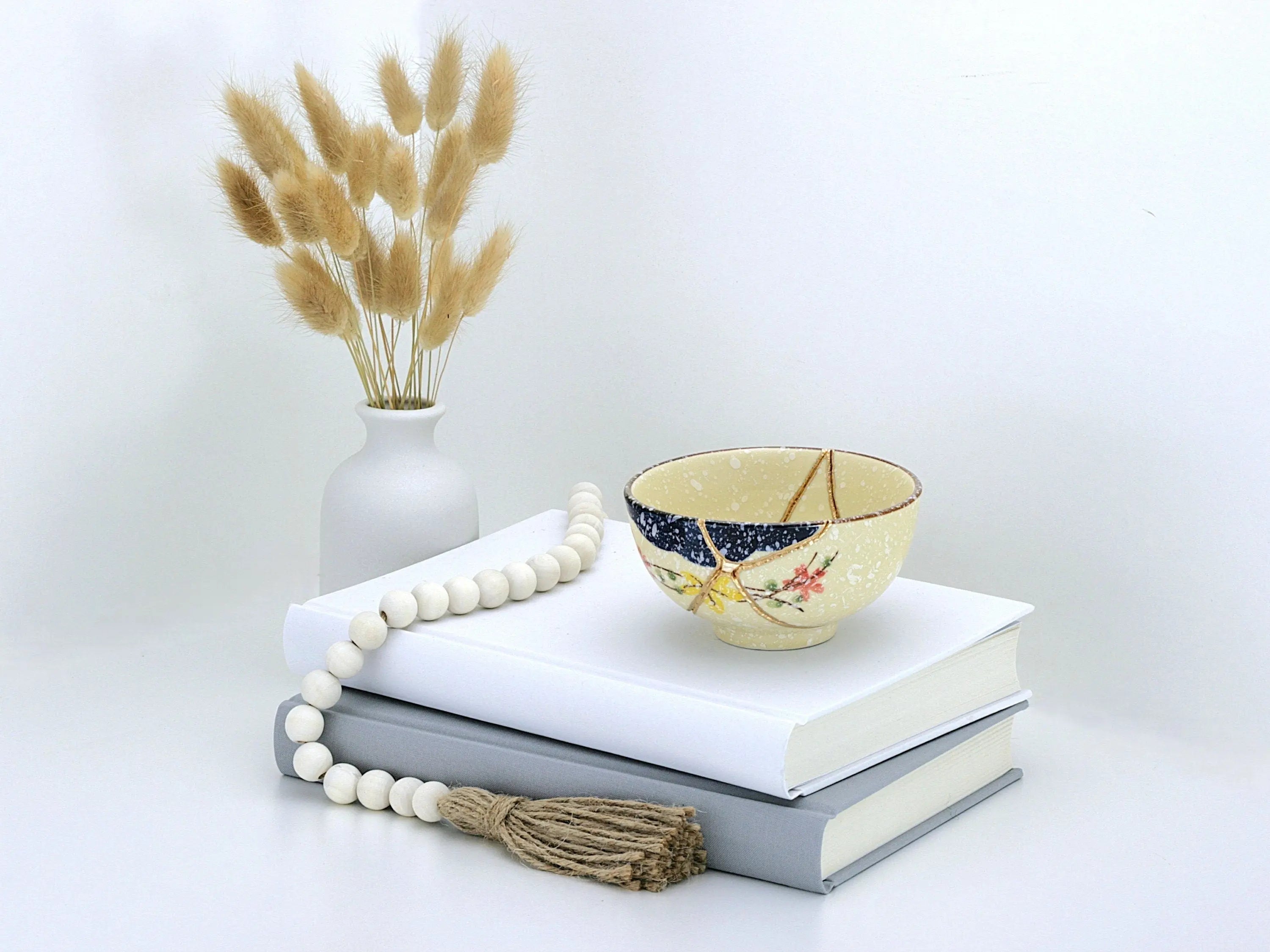 Medium Beige Kintsugi Bowl with Red and Yellow Flowers