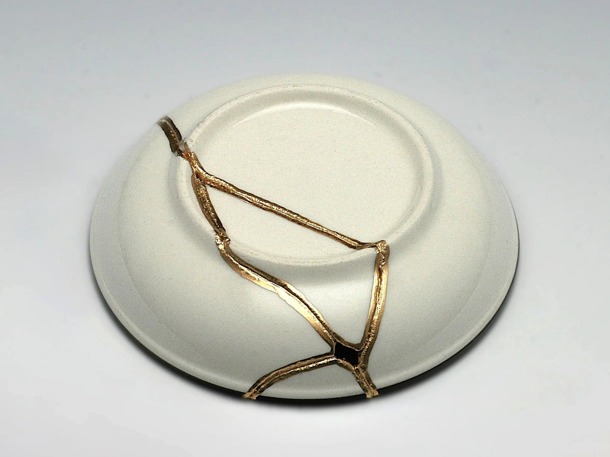 Small Blue and White Kintsugi Plate with Leaves and Swirl