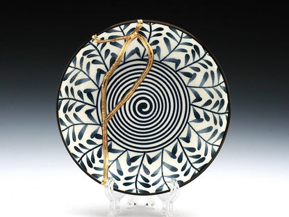 Small Blue and White Kintsugi Plate with Leaves and Swirl