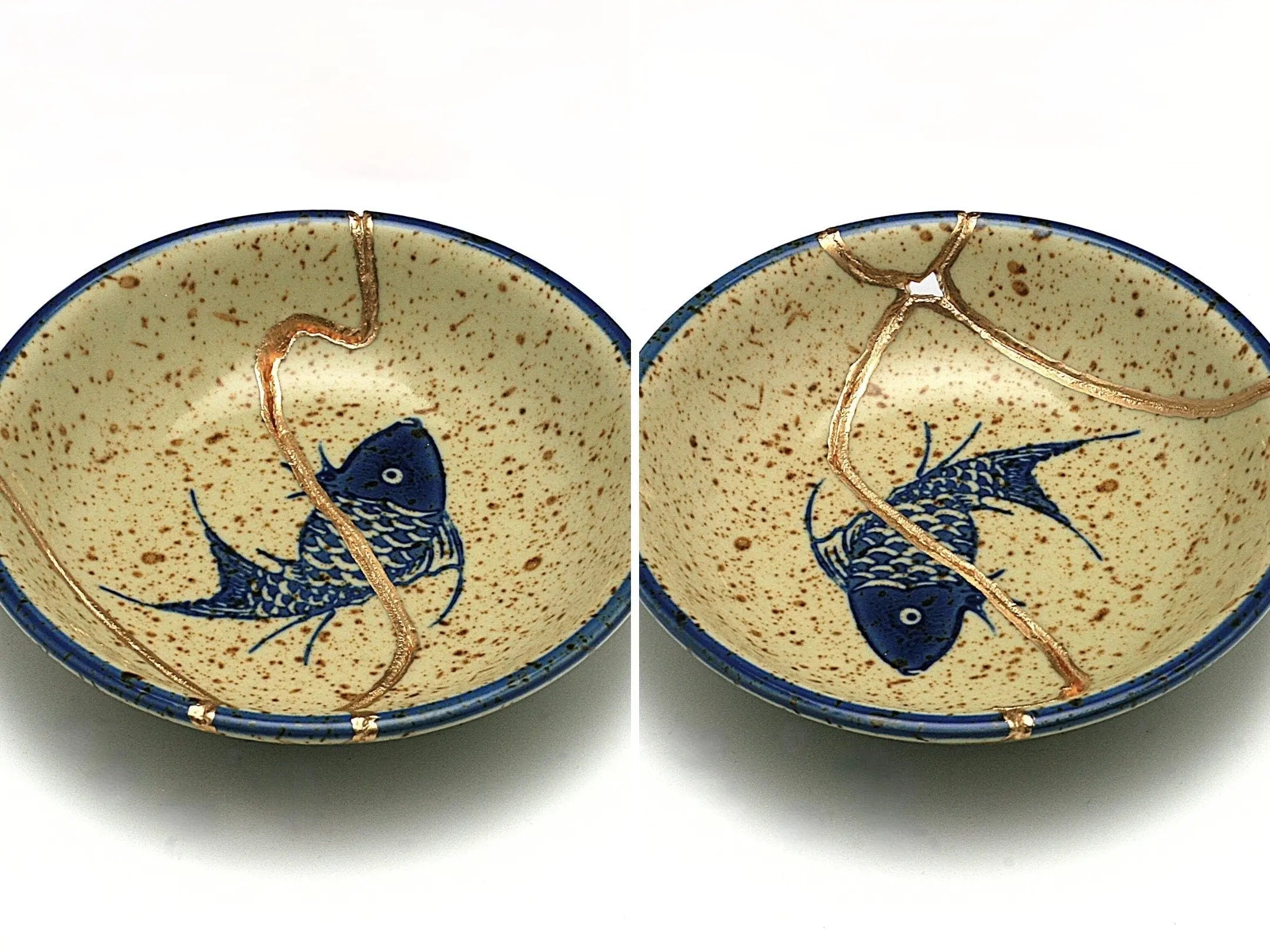 Small Beige Kintsugi Plate with Fish Image