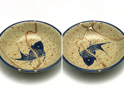 Small Beige Kintsugi Plate with Fish Image