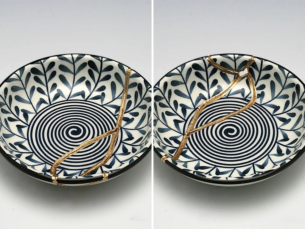 Small Blue and White Kintsugi Plate with Leaves and Swirl