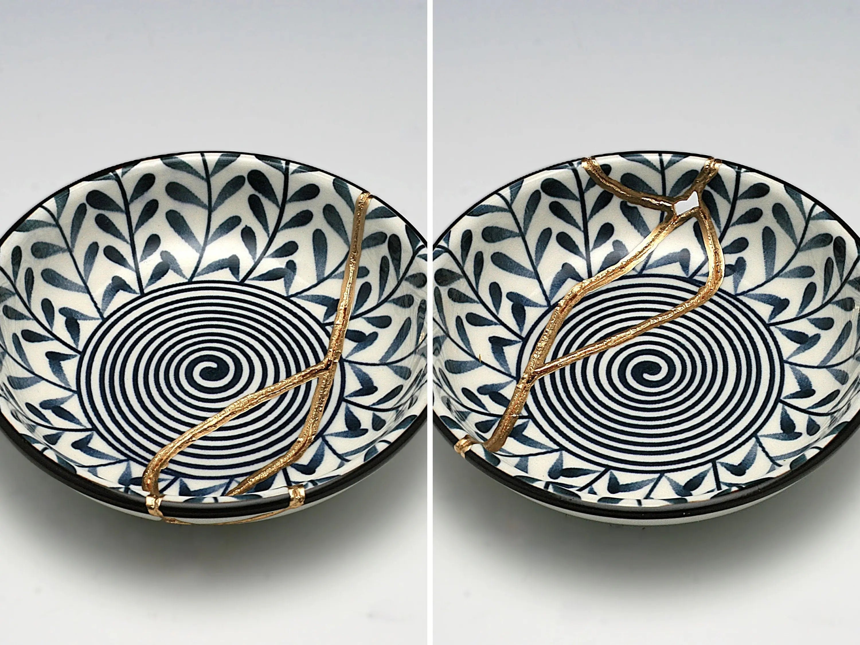 Small Blue and White Kintsugi Plate with Leaves and Swirl