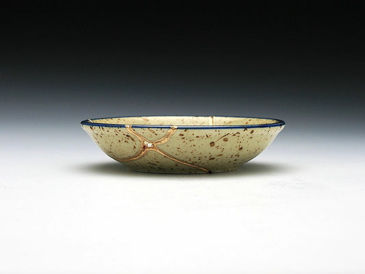 Small Beige Kintsugi Plate with Fish Image