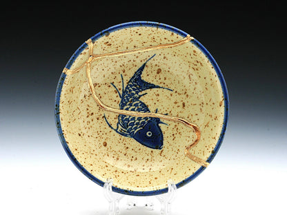 Small Beige Kintsugi Plate with Fish Image