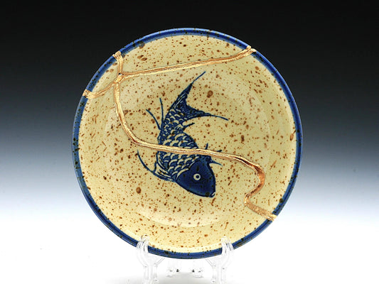 Small Beige Kintsugi Plate with Fish Image
