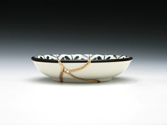 Small Blue and White Kintsugi Plate with Leaves and Swirl