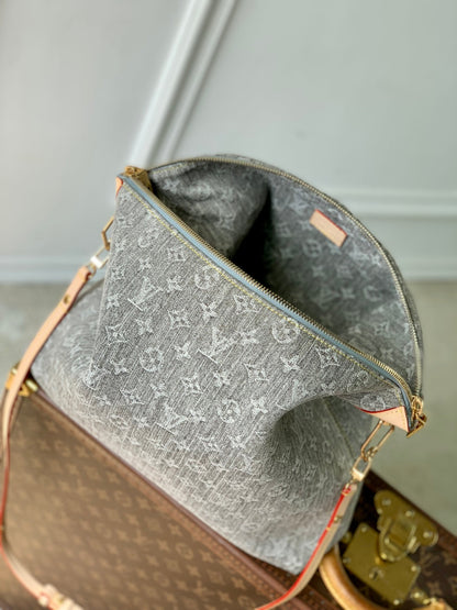 COUSSIN HOBO MM 38 IN GREY MONOGRAM DENIM
