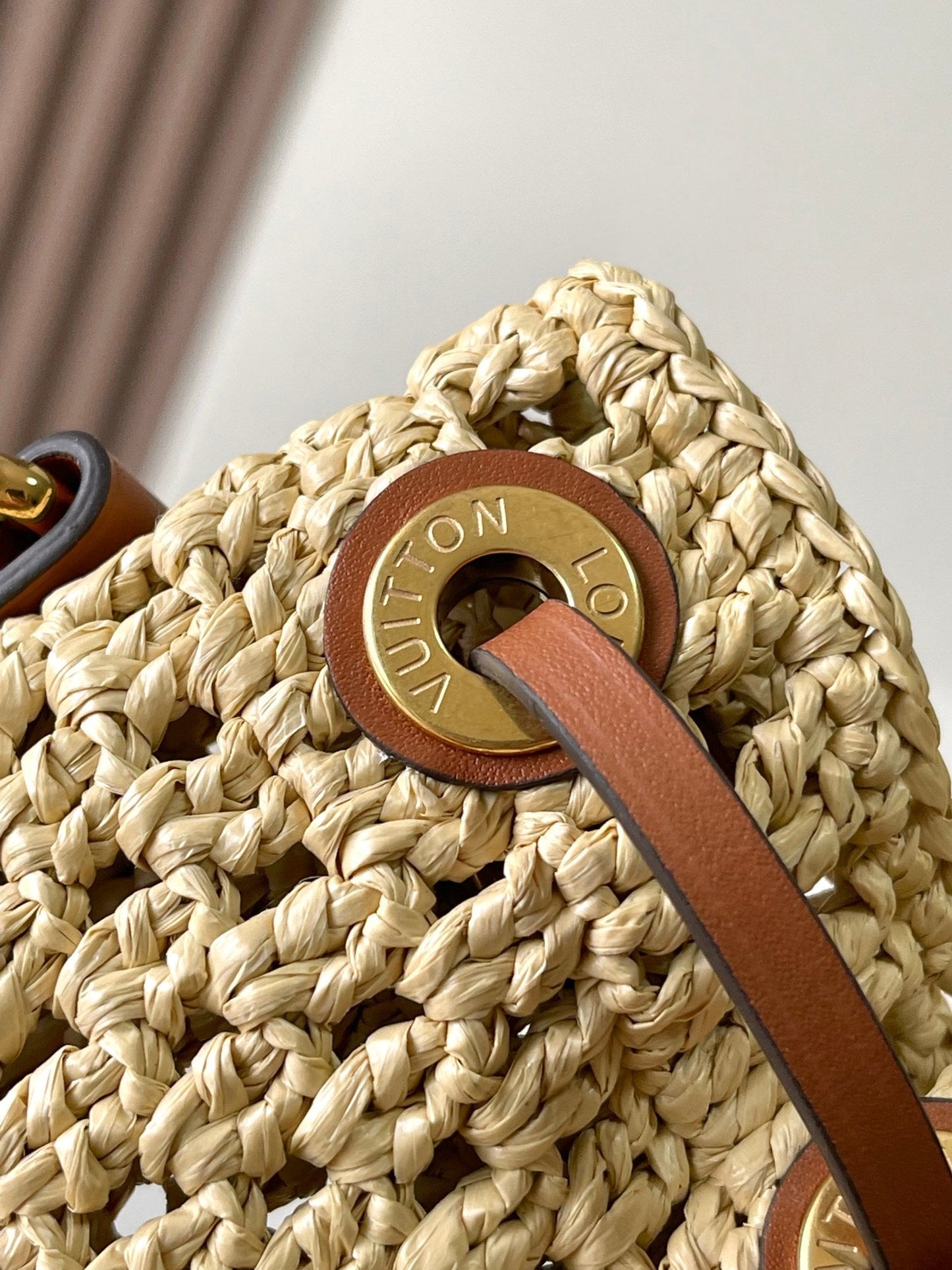 NO_ PURSE 24 IN BEIGE CROCHETED RAFFIA AND BROWN CALFSKIN TRIM