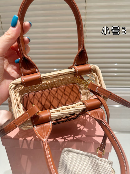 WOVEN HOLLOW BAG 18 IN BEIGE RATTAN AND BROWN CALFSKIN TRIM