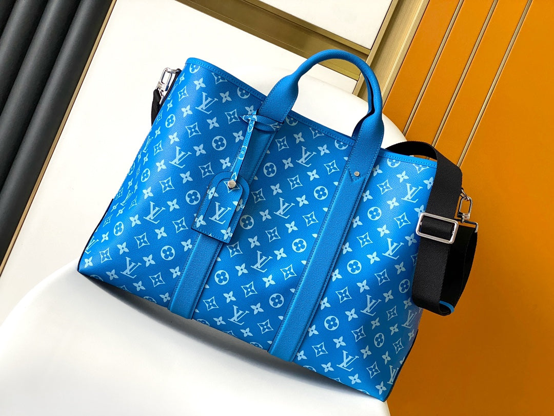 LV The Weekend Tote Bag 43cm Blue Monogram Canvas & TaÃ¯ga Leather