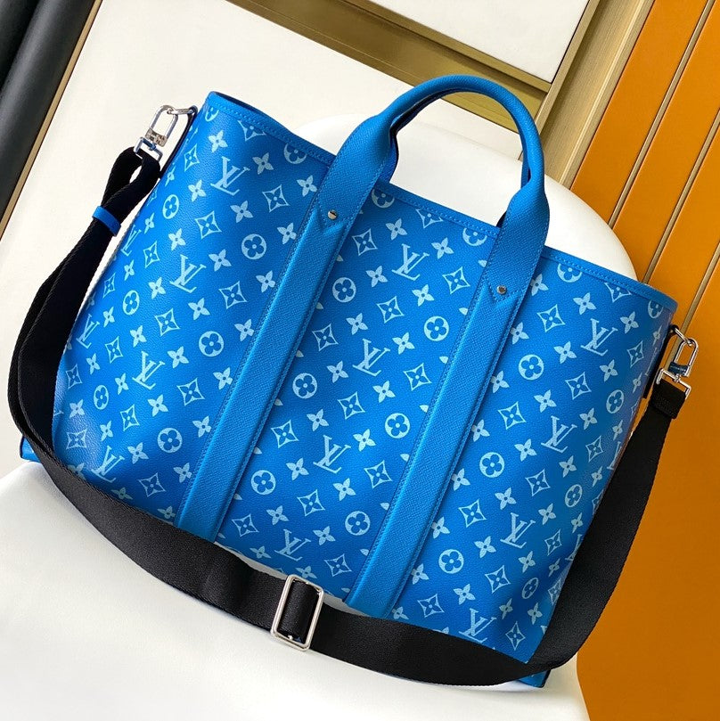 LV The Weekend Tote Bag 43cm Blue Monogram Canvas & TaÃ¯ga Leather