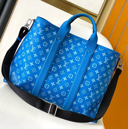 LV The Weekend Tote Bag 43cm Blue Monogram Canvas & TaÃ¯ga Leather