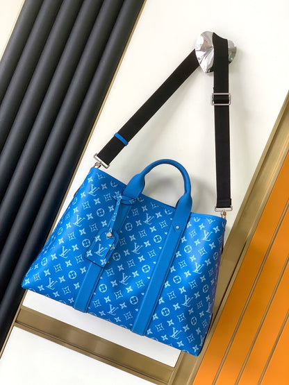 LV The Weekend Tote Bag 43cm Blue Monogram Canvas & TaÃ¯ga Leather