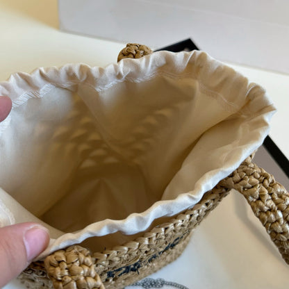 CROCHET BUCKET BAG 32 IN BROWN WOVEN RAFFIA EMBROIDED LOGO