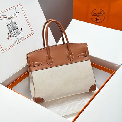 HM Birkin 30 Gold Swift Leather Grey Canvas Gold Hardware