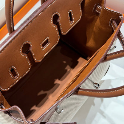 HM Birkin 25cm Golden Brown Swift Cowhide With Beige Canvas Fabric Shw 249989