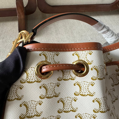 CLARA BAG 24 IN WHITE TRIOMPHE CANVAS AND BROWN CALFSKIN TRIM