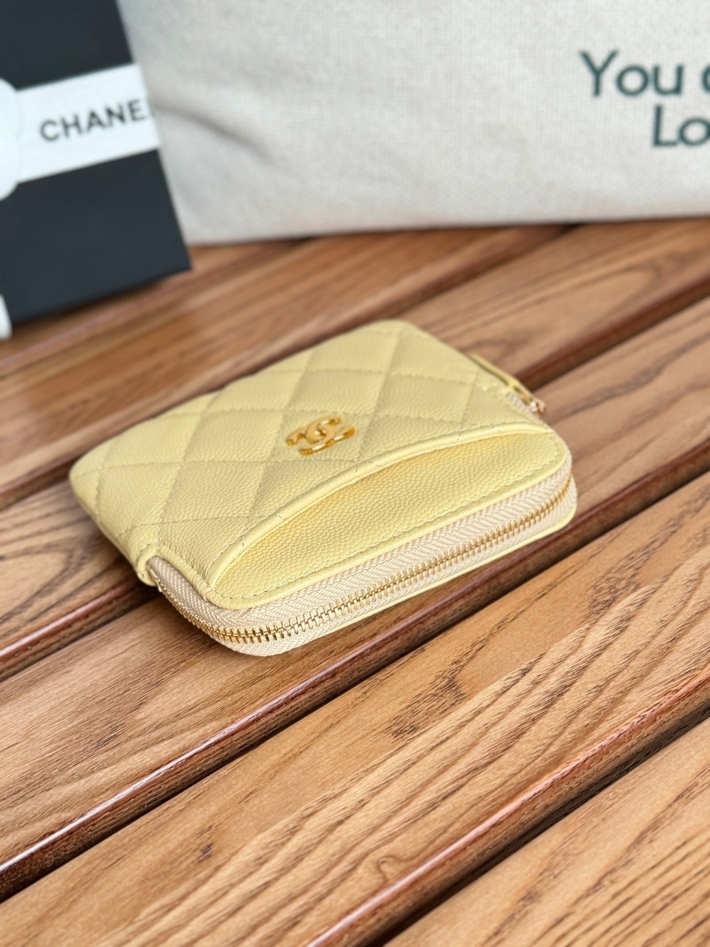 CC Zip Card Holder Wallet Yellow Gold Metal Caviar 240601