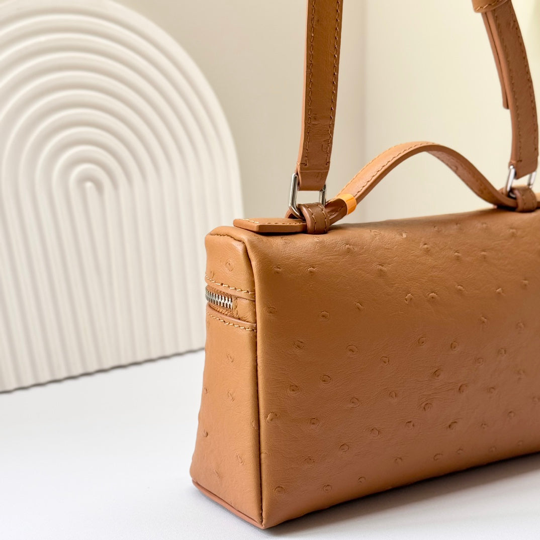 LP Extra Bag 19cm Ostrich Pattern Gold Calfskin Silver Hardware