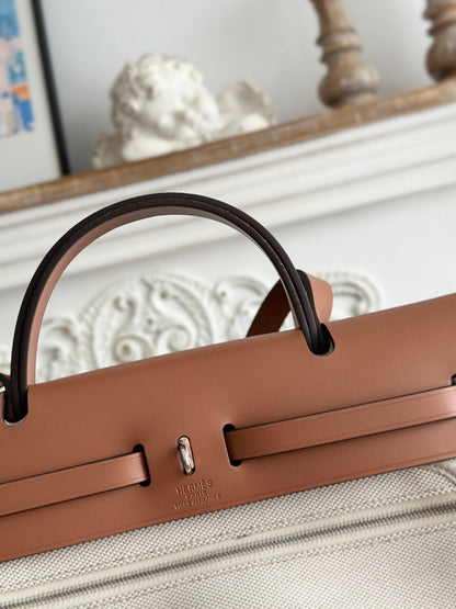 ZIP CABINE 31 BAG IN PALE GRAY CANVAS AND BRONZE BROWN CALFSKIN