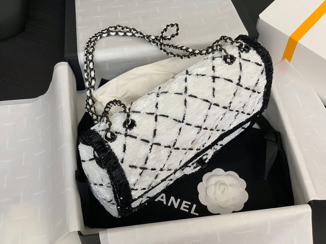 CC 2025 Flap Bag Black White Sequin 298964