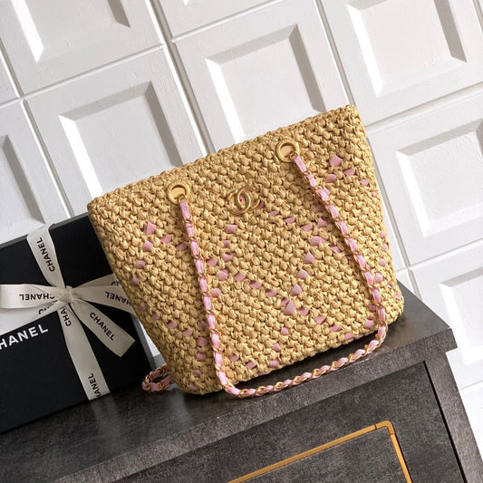 CC Braided Shopping Bag Double C logo Beige Pink Raffia