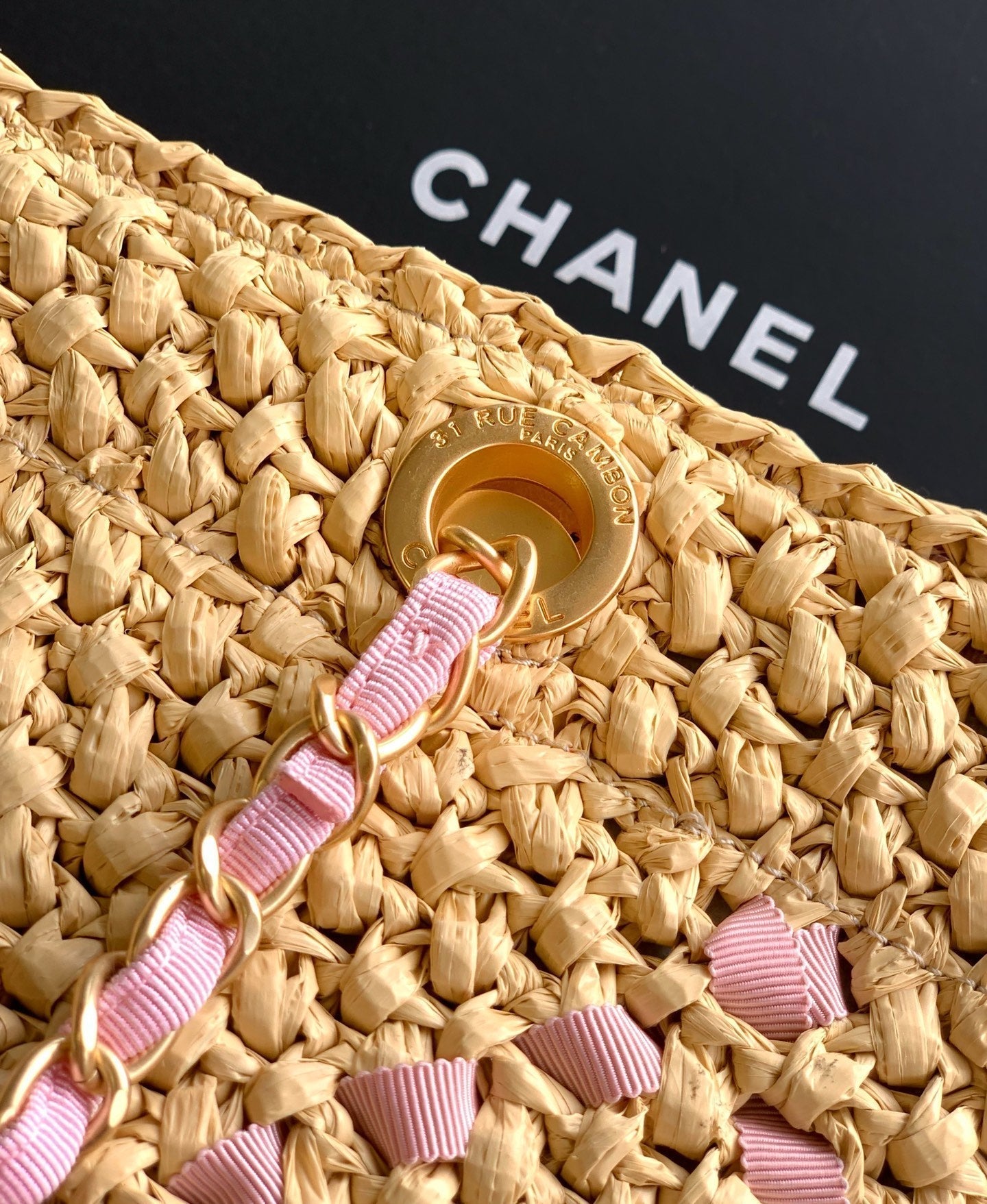 CC Braided Shopping Bag Double C logo Beige Pink Raffia