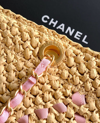 CC Braided Shopping Bag Double C logo Beige Pink Raffia